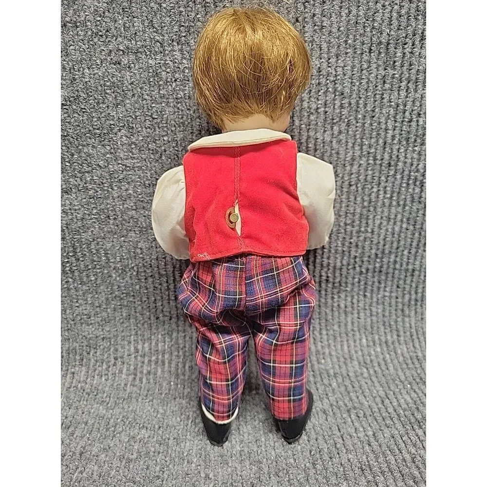 Vintage Musical Porcelain Boy Doll Red Velvet Vest Plaid Pants Blue Eyes 12 Inch